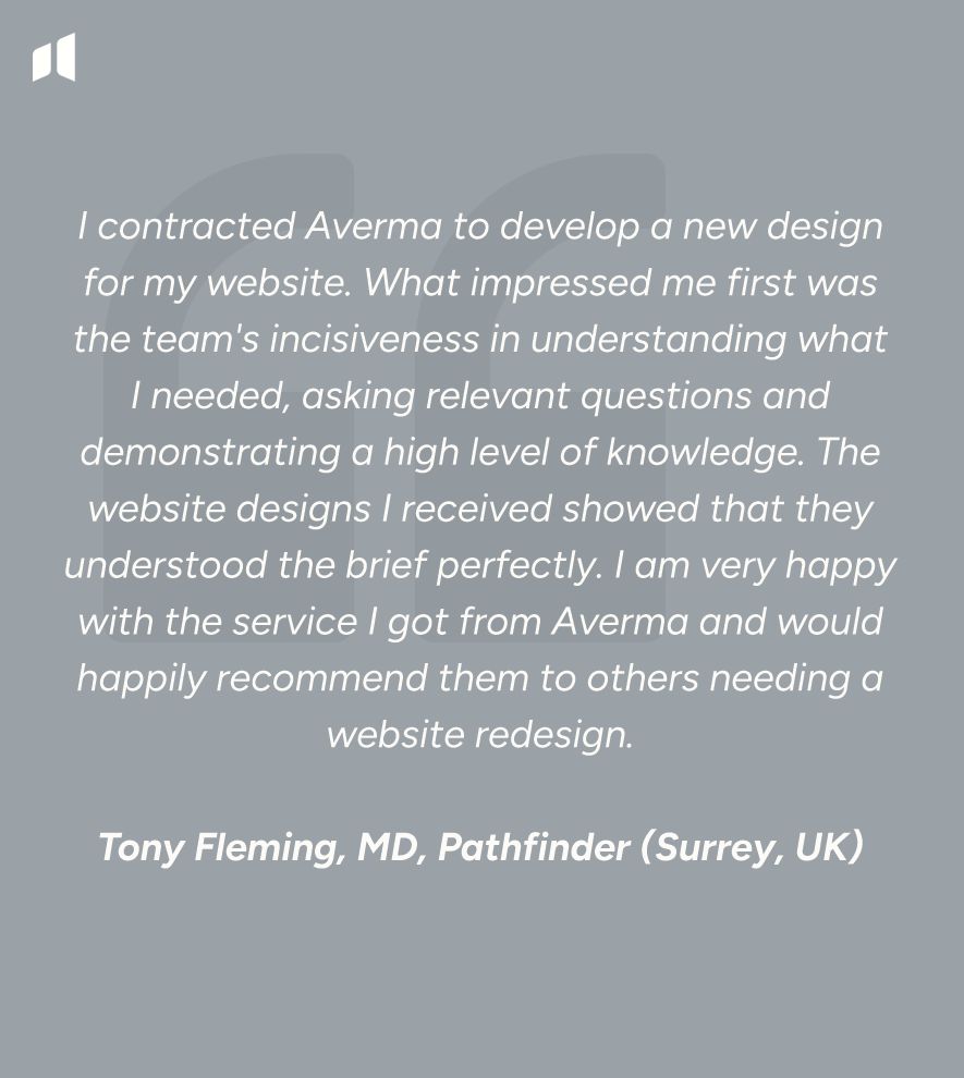 Client testimonial for Averma website design in Surrey
