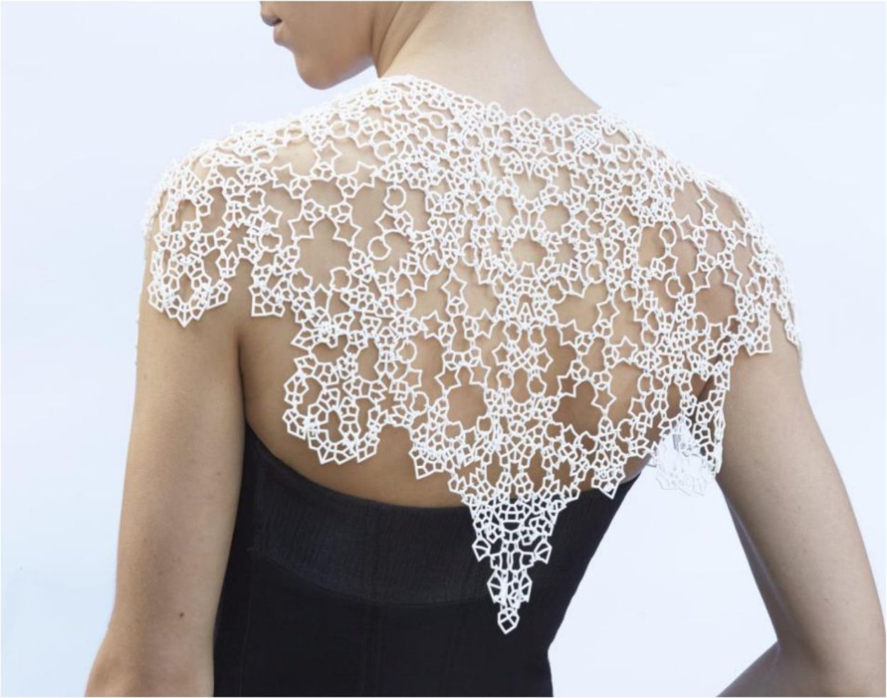 3D Printed Textile Shoulder Piece 3D printed lace-style textile worn on the shoulders