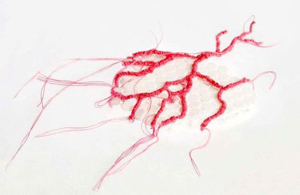 Red Branching Textile Structure Red branching textile structure created through 3D printed elements