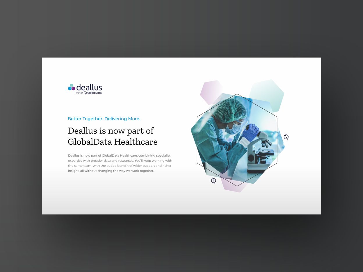 Surrey presentation design for GlobalData merger announcement Surrey presentation design for GlobalData showing the Deallus merger announcement